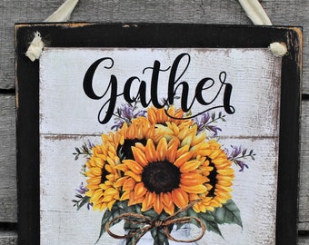 Gather Sunflowers Mason Jar Hanging Wall Sign Plaque Primitive Rustic Farmhouse Decor