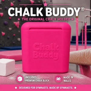 May include: A bright pink rectangular chalk holder with the embossed text Chalk Buddy on the front. The container features a lid and is displayed with a white chalk block. Text on the image includes CHALK BUDDY, THE ORIGINAL CHALK HOLDER, INCLUDES PREMIUM CHALK BLOCK, MADE IN WALES, and DESIGNED FOR GYMNASTS. MADE BY GYMNASTS.