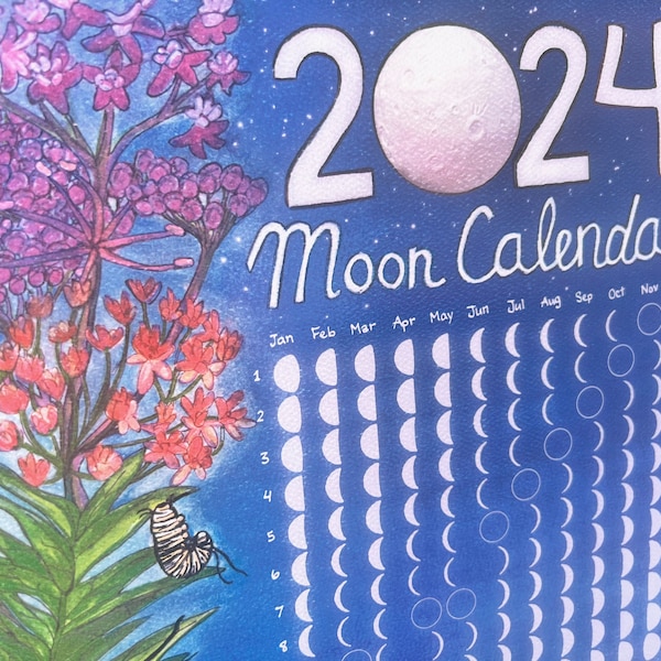 2024 Moon Calendar | Art print | Lunar Phases | Valentine's Gift | Wall Art | Moon Phases | Monarch Butterfly | Tennessee | 13 x 20