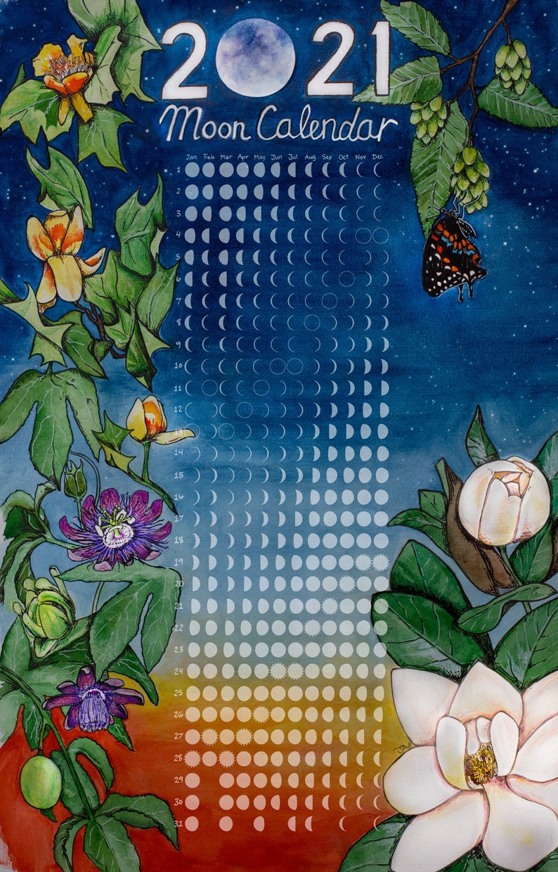2021 Moon Calendar Art print Lunar Phases Moon Calendar Etsy