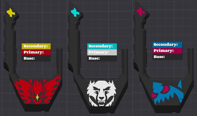 Pu&ograve; includere: Tre oggetti neri stilizzati con manico e base decorativa. Ognuno ha una diversa combinazione di colori: giallo e rosso, blu e bianco e rosa e blu. Il testo "Secondario:" "Primario:" e "Base:" &egrave; visualizzato.