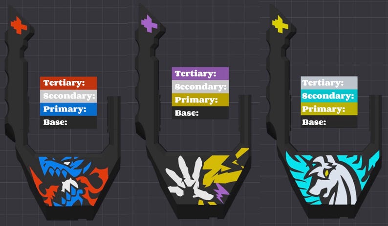Pu&ograve; includere: Tre oggetti neri stilizzati con manico e sezione inferiore decorativa. Ognuno ha un design diverso: un drago, una mano con fulmini e un leone. Ogni oggetto ha una combinazione di colori etichettata con "Terziario", "Secondario", "Primario" e "Base".