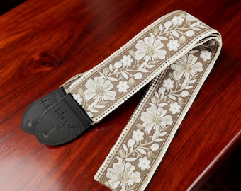 Vintage French Floral Embroidered Guitar Strap, Daisy Embroidered Guitar Strap, Handmade Cotton Linen Strap with Leather, Guitar Gift
