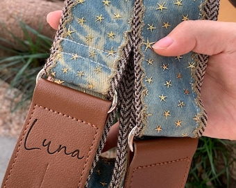 Strap with Stars,Vintage manual Acoustic Guitar Strap, Adjustable Guitar Strap,Guitar Accessories,Leather Ends,Guitar Lovers Gift