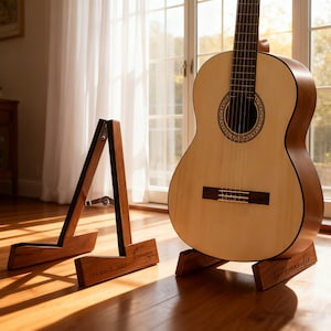以下が含まれることがあります： 木製のスタンドに置かれたアコースティックギター。ギターは明るい色の木材のボディと暗い指板を持っています。左側には2つ目の木製スタンドが見えます。スタンドには「October 8, 2025」と「Alexander」の文字が刻まれています。