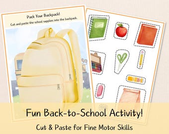First Day of School Activity Backpack Cut and Paste Printable Worksheet