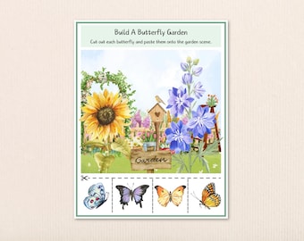 Butterfly Garden Craft Printable, Preschool Cutting Practice, Summer Insect Activity (Digital Download)