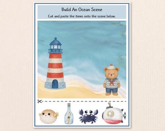 Ocean Scene Craft, Lighthouse Bear Cut and Paste Activity (Digital Download)