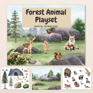 May include: A watercolour illustration of a forest animal playset featuring a deer, fox, squirrel, and other animals. The text "Forest Animal Playset" is displayed on a tan background. Digital download.