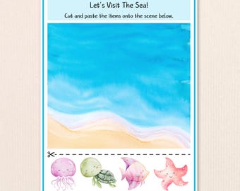 Summer Art Project Kids, Under Sea Cut and Paste Craft, Ocean Life Quiet Activity, Preschool Fine Motor Center Worksheet, Summer Camp Craft