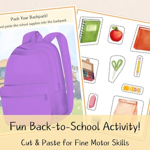 Op de afbeelding: Een activiteitensheet voor terug naar school met een paarse rugzak en schoolspullen. De tekst luidt "Pack Your Backpack!" en "Fun Back-to-School Activity!" Knip en plak de schoolspullen in de rugzak.