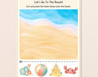 Progetto artistico estivo per bambini, lavoretto di ritaglio e incolla a tema spiaggia, attività rilassante stampabile a tema oceano, scheda di lavoro per il centro di motricità fine della scuola materna, campo estivo