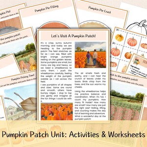 Puede incluir: Un conjunto de hojas de trabajo y actividades imprimibles para una unidad de huerto de calabazas. Las páginas presentan ilustraciones de calabazas, cortezas de pastel y una carretilla. El texto incluye "Let's Visit A Pumpkin Patch!"