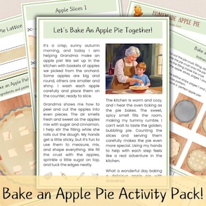 May include: A set of illustrated pages for a baking activity pack. The main page shows a grandmother and child baking an apple pie. Other pages contain instructions and diagrams for making an apple pie.