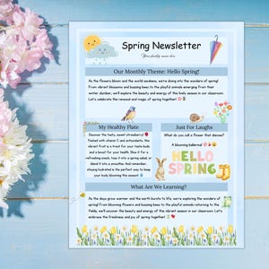 Plantilla de boletín informativo de primavera: comunicación editable para el aula, para profesores, escuelas y padres. Diseño personalizable. Colores brillantes.
