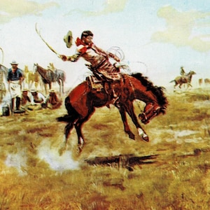 1952 "Rider of the Rough String" by Charles Russell Postcard, Vintage Cowboy
