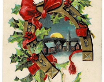 1906 Christmas Postcard, Horseshoe Holly Village Scene, Artist P. Sander