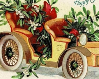 1908 Roadster Filled With Mistletoe Christmas Postcard
