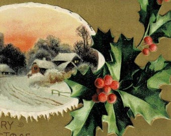 1909 Gilded Nostalgic Winter Scene Christmas Postcard