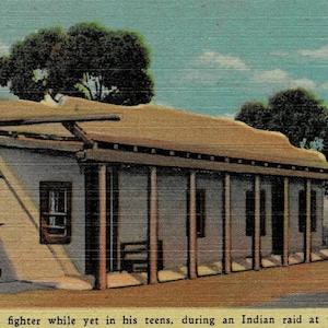 May include: A vintage postcard depicting Kit Carson's home in Taos, New Mexico. The postcard features a black and white photo of Kit Carson, a famous frontiersman, and a color illustration of his adobe home. The text on the postcard reads "Kit Carson's Home, Taos, New Mexico" and includes a brief biography of Kit Carson.