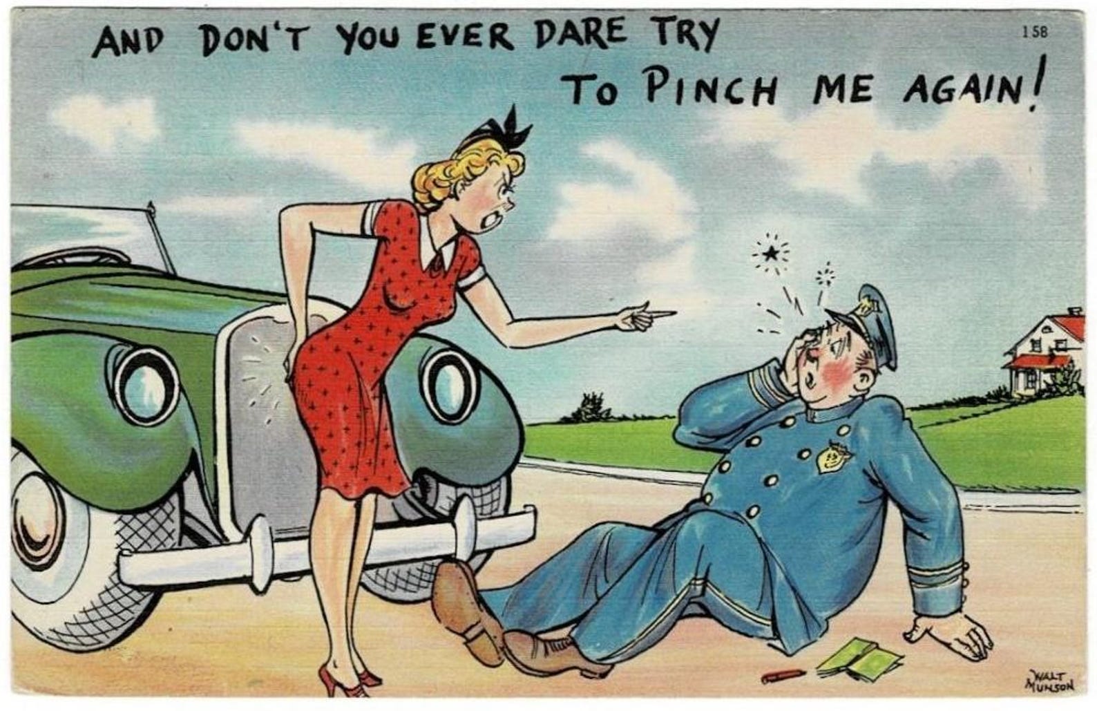 1940 Risqué Comic Postcard, Woman Pinched by Police, Artist Signed ...