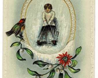 1912 Sledding Into Christmas Postcard
