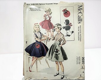 1950s Girls' Poodle Owl Skirts Optional Suspenders Sewing Pattern Iron On Transfers Vintage McCall's 2034