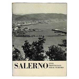 May include: A vintage black and white travel brochure featuring a panoramic view of the Salerno coastline, harbor, and city buildings. The text SALERNO ENTE PROVINCIALE PER IL TURISMO is printed in bold black capital letters at the bottom of the cover.