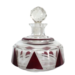Vintage Karl Palda Art Deco Czech Crystal Cologne Perfume Bottle Red Enamel Vanity Piece Bohemian Art Glass Get Lucky Vintage