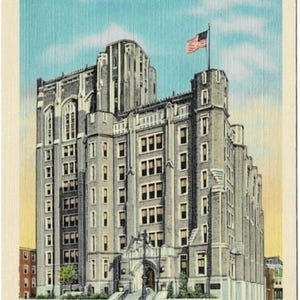 May include: Vintage postcard featuring Conwell Hall at Temple University in Philadelphia, PA. The building is a large, multi-story structure with a light gray facade, numerous windows, and an American flag waving on top. The sky is blue with a few clouds.