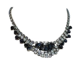 1950s Vintage Prong Set Black Glass & Rhinestone Bib Necklace GetLuckyVintage