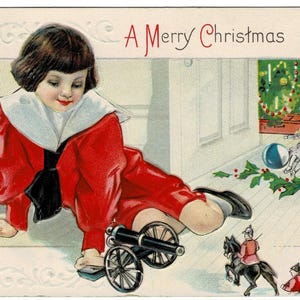 1915 Marching Into Christmas Boy With Toys Vintage Christmas Postcard Get Lucky Vintage Embossed Holiday Card Ephemera Memorabilia