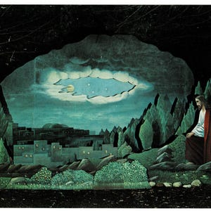May include: Vintage postcard featuring a painted landscape with a figure in a red robe seated on a rock. The scene includes a town, trees, and a stylized sky with a moon and stars. The overall color palette is dark with green and blue hues.