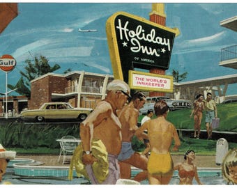 1966 Holiday Inn & Gulf Gas Station Postcard, Uncirculated, Roadside Americana Advertising Post Card, Get Lucky Vintage Ephemera