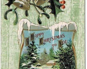 1911 Playful Rabbits in Snow & Christmas Bells Postcard
