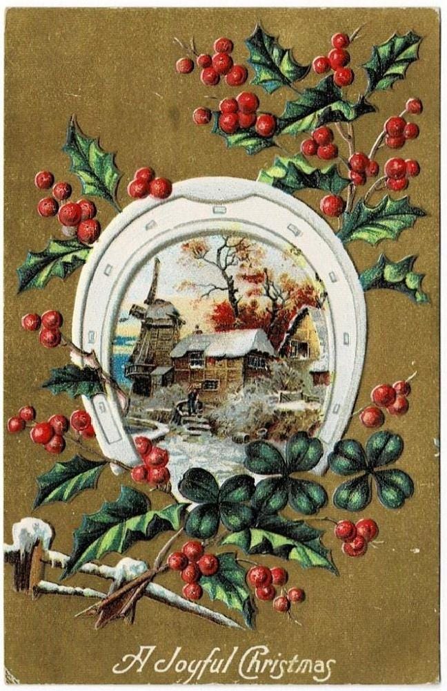 1908 Vintage Christmas Postcard, Wintery Windmill and Horseshoe Gilded Embossed Postcard, Ephemera Deltiology Memorabilia Get Lucky Vintage