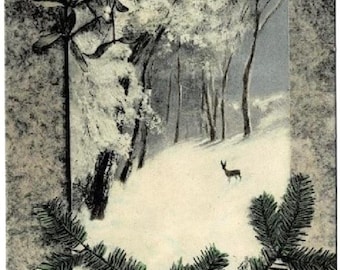 1911 New Year's Greetings Postcard, Deer in Snow
