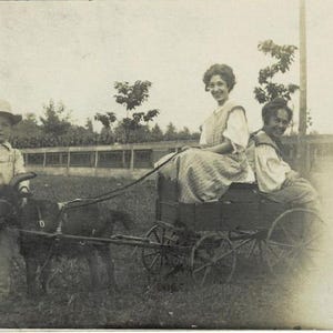 1907 Boy Gives Goat Cart Ride to Two Ladies Vintage Real Albumen Photo Postcard RPPC Indianapolis Indiana Topographical Get Lucky Vintage