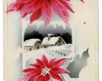 1911 Pink Poinsettias & Snowy Night Scene Christmas Postcard