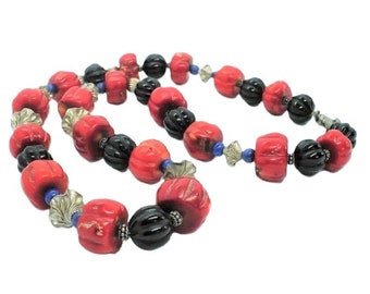 1970s Vintage Red Coral & Lapis Beaded Necklace 25 inches GetLuckyVintage