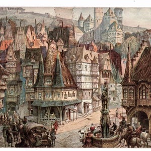 May include: A vintage, hand-painted illustration of a medieval European town. The image depicts a bustling street scene with detailed buildings, figures, and a central fountain. The color palette includes earthy tones, with hints of blue and red.