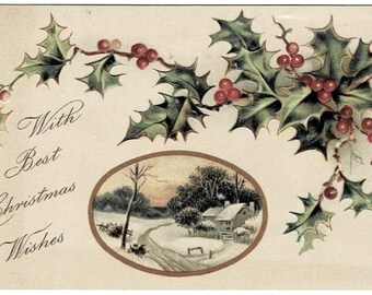1907 Snowy Country Road Christmas Postcard, Embossed Holly