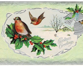 1911 Silver Bells and Songbirds Christmas Postcard