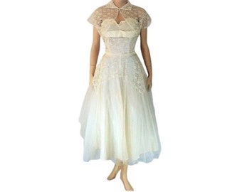 1950 Vintage White Lace Strapless Prom Dress Bolero GetLuckyVintage