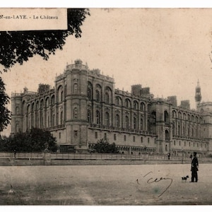 May include: Vintage postcard featuring a sepia-toned image of the Château de Saint-Germain-en-Laye in France. The postcard includes a stamp and handwritten text. A person and a dog are in the foreground.