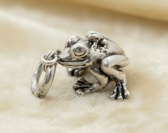 May include: A silver-toned metal frog charm featuring a detailed, textured surface with prominent eyes and webbed feet. The frog is depicted in a crouching position and includes a small, circular jump ring attached to its side for easy attachment.