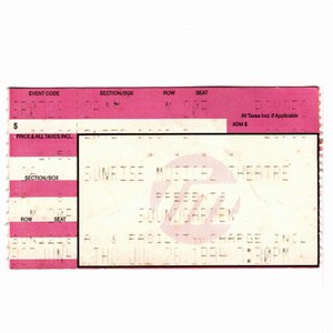 May include: A rectangular concert ticket with a pink and white striped design. The text reads Sunrise Musical Theatre presents Soundgarden, Thu Jul 28, 1994, 7:30 PM. The ticket includes fields for event code, section, box, row, and seat information.
