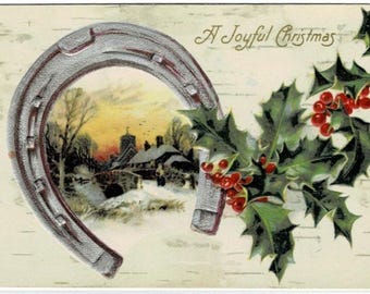 1910 Holly & Horseshoe Christmas Postcard