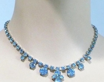 1960s Vintage Prong Set Blue Rhinestone Cocktail Pageant Prom Necklace 14 inches GetLuckyVintage