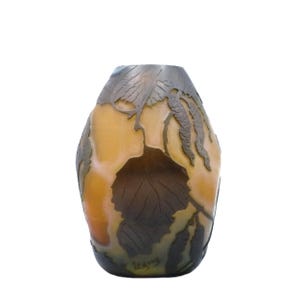 1910 Legras Glass Vase France, Ovoid Hazelnut Small Cabinet Vase, Art Nouveau, Brown and Green French Cameo Art Glass, Get Lucky Vintage